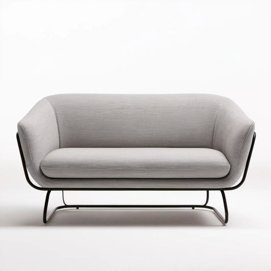 Dwuosobowa półokrągła sofa tapicerowana jasnoszara z czarną podstawą, 160 x 78 x 76 cm