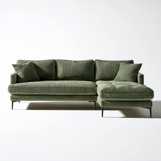 Oliwkowozielona sofa narożna w kształcie L z prawostronnym szezlongiem, 260 x 160 x 85 cm